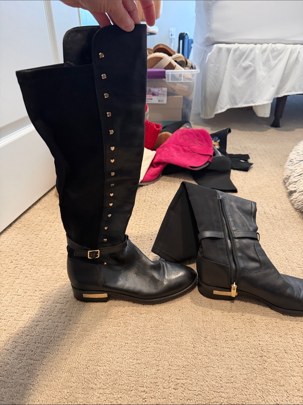 Vince Camuto Black Over-the-Knee Riding Boots with Gold Stud Accents